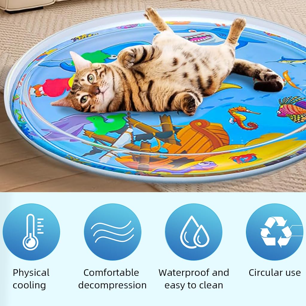 Qpets Cat Water Bed Mat for Summer Cooling with Air Pump and Built-in Fish Toys | 39.37 in Anti-Scratch Thick PVC for Indoor Cats