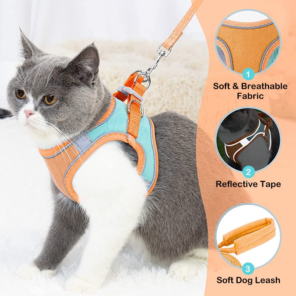 Cat Harness with Cat Leash for Walking, Adjustable Soft Sturdy Faux Suede Escape Proof Kitten Vest Harness and Leash with Reflective Strip for Large Medium Small Cat(Green, Orang, M)