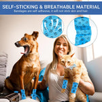Qpets Dog Bandages for Injury Recovery with Self Adhesive Waterproof Wrap 6pcs 4.5m | Breathable Non Woven Paw Print Design