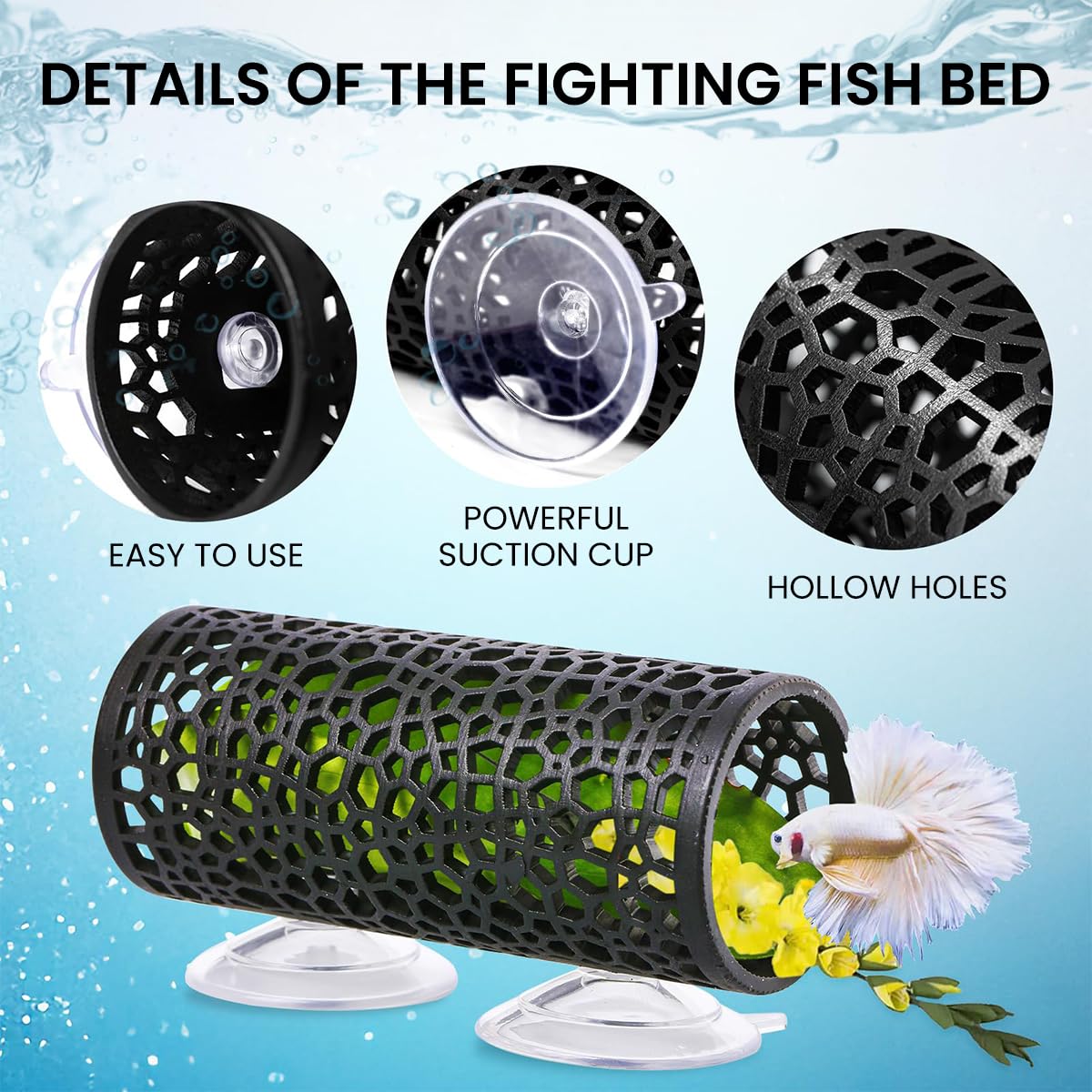 Qpets® Betta Fish Tank Accessories Decoration with Suction Cup, Fish Hide Cave Tunnel Plastic Mesh Fish Tank Landscape Decoration Ornament - 2Pcs