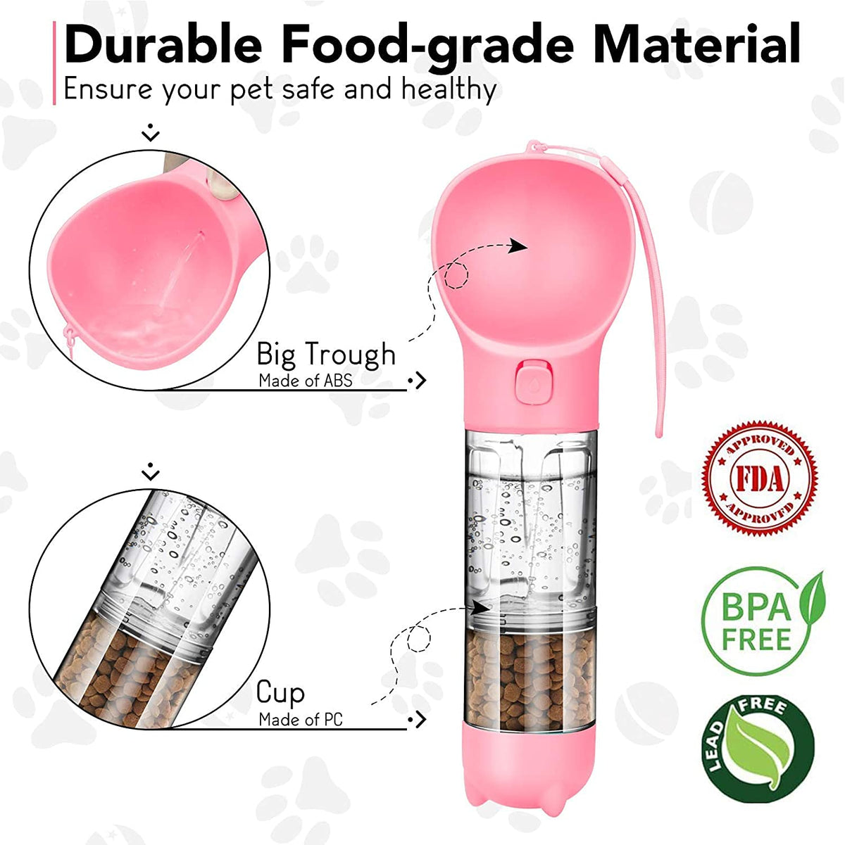 Dog Water Bottles Portable Leak Proof Dog Water Dispenser with Drinking and Feeding Function Lightweight Pet Water Dispenser for Walking and Travel for Dog, Cat 300ml(Pink)
