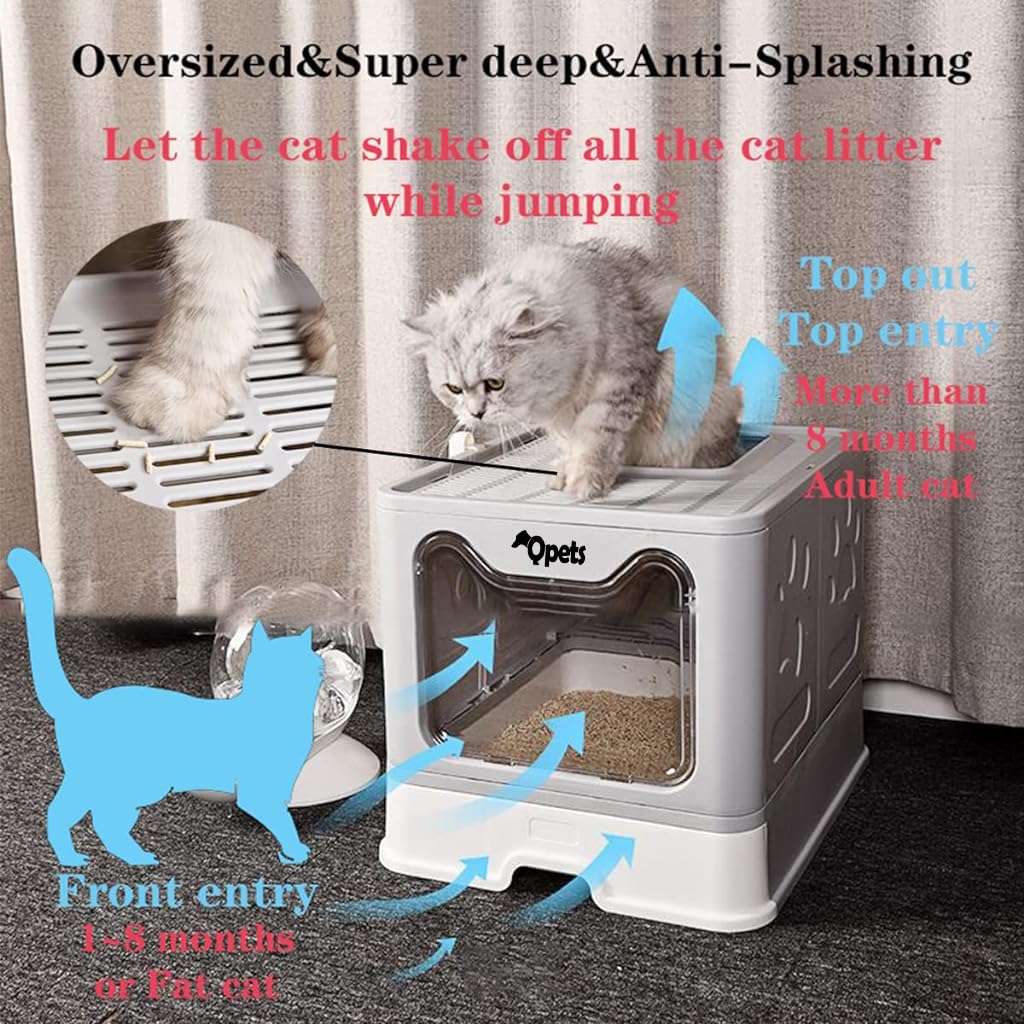 Qpets Cat Litter Box for Large Cats with Pull Out Drawer and Odor Door | 51x41x38cm Grey