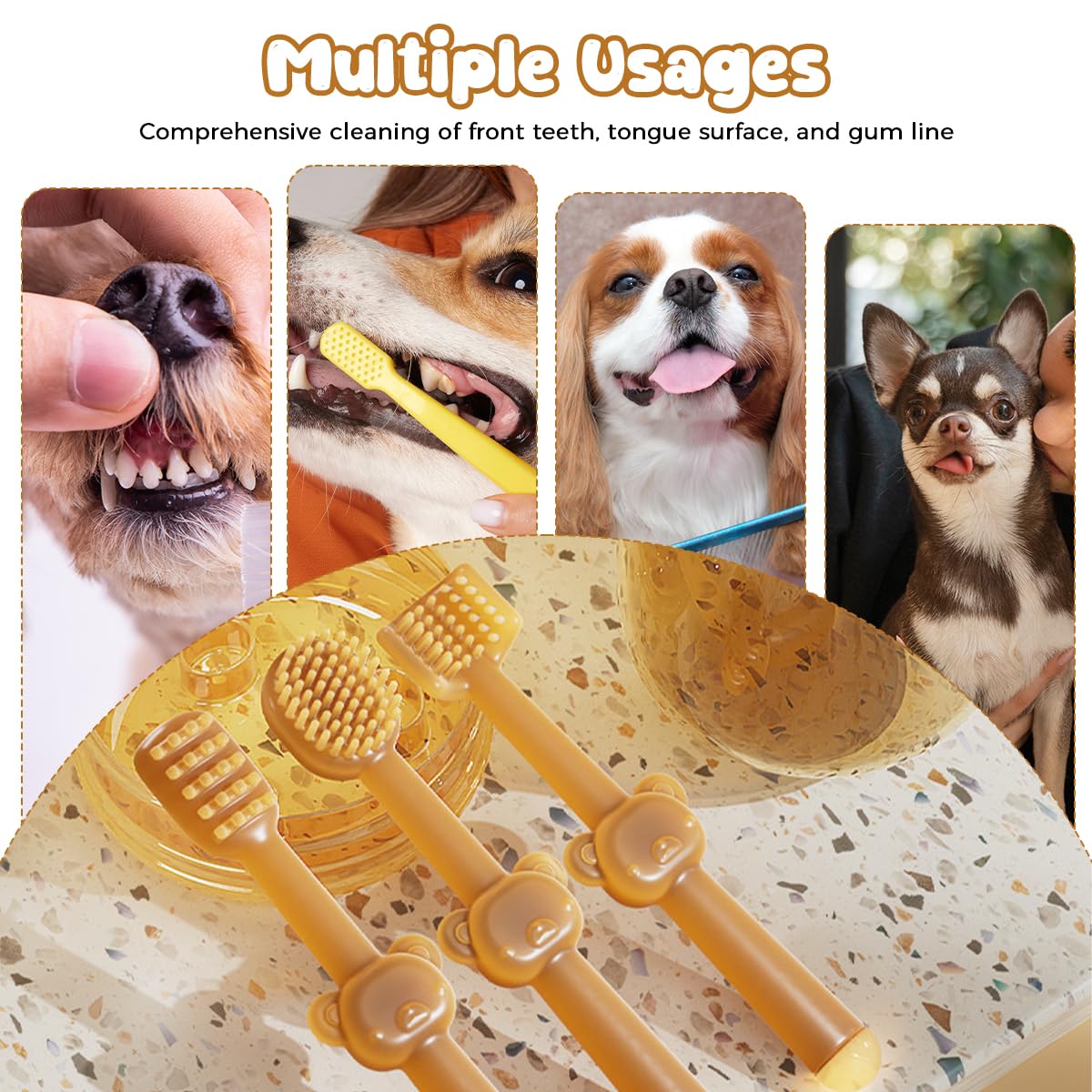 Qpets Pet Toothbrushes Set for Dogs and Cats with Soft Silicone Bristles and Storage Case | 3Pcs Teeth Cleaning Kit