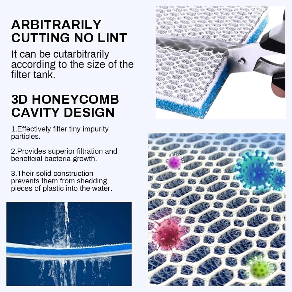 Qpets Aquarium Filtration Pads 50cm x 11cm with Honeycomb Surface and Reusable Polyester | 4-Pack for Clear Fish Tank Water