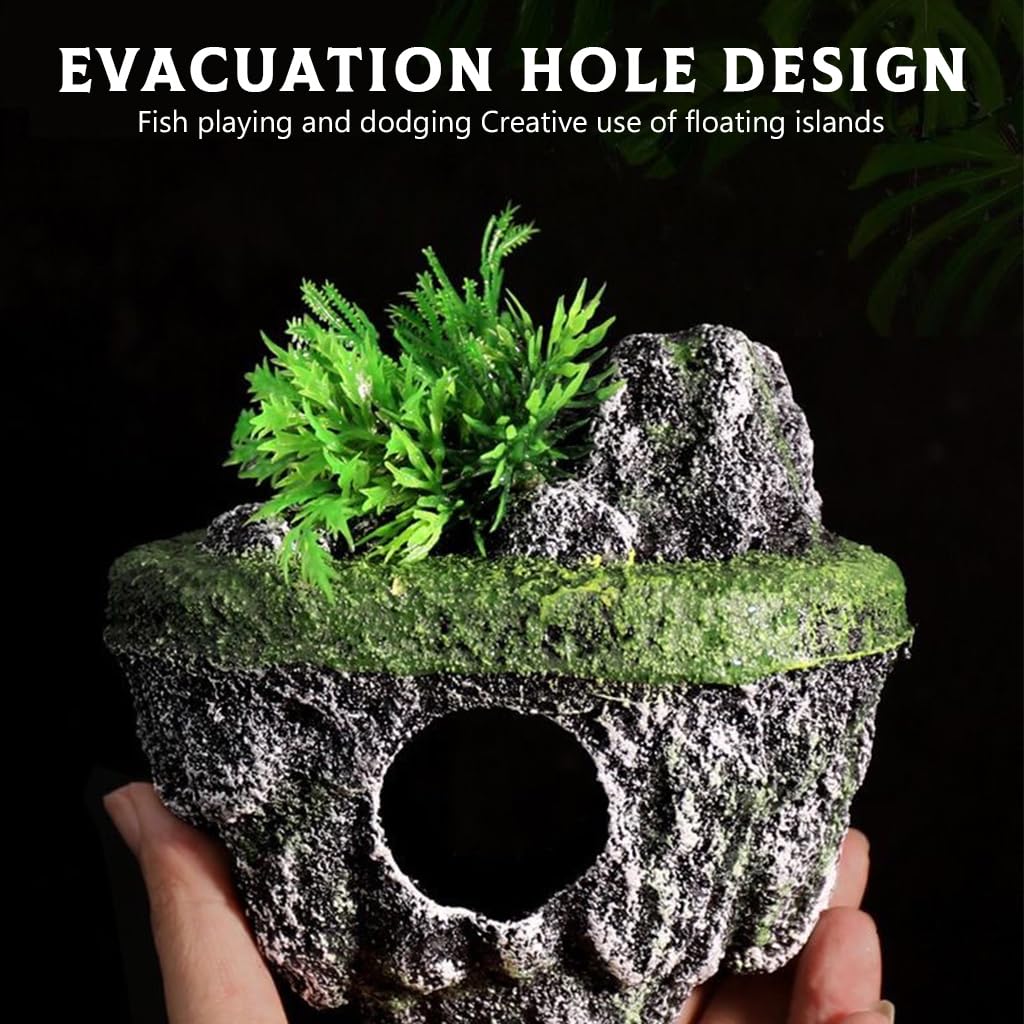 Qpets® Betta Fish Tank Decor Folating Miniature Rocky Island Decoration Fish Tank Ornament Betta Fish Tank Hiding Cave Aquarium Tank Decor - 13x9x13CM