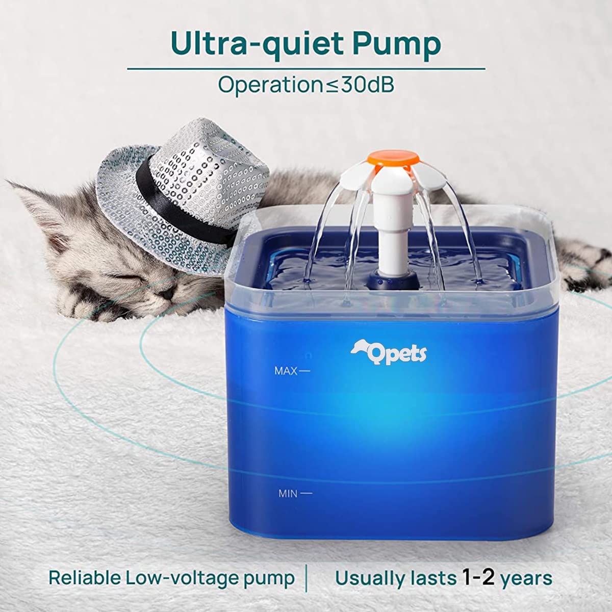 Qpets Cat Water Fountain 2.0L Ultra Quiet with 4 Stage Filtration and LED Light | Blue