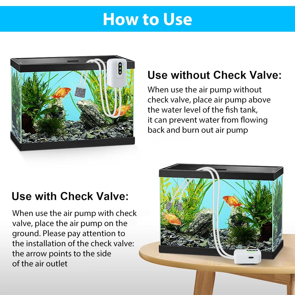 Qpets® Portable Oxygen Pump Cordless Aquarium Air Pump Continuous/Intermittent Fishing Air Pump Dual Pipe Aquarium Air Pump Air Stone and Pipe Included USB Rechargeable Aquarium Air Pump