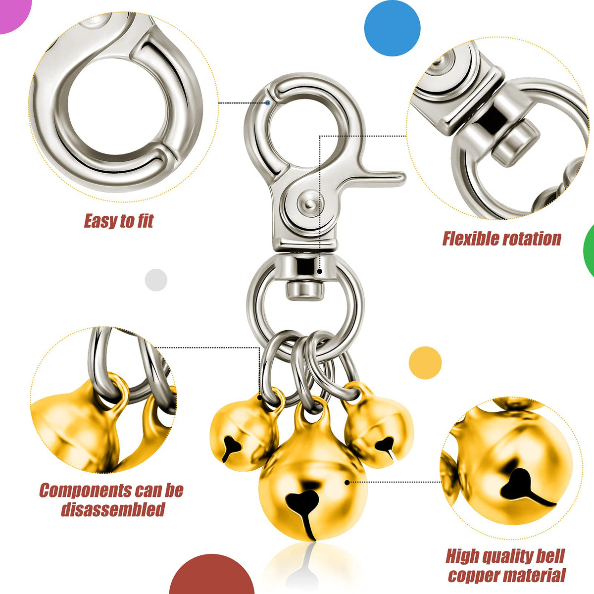 4 Pieces Pet Bells for Collars Loud Dog Bells Key Rings Dog Bell Collar Charm Dog Triple Bell Pendant for Dogs Cat Collar Decoration and Training
