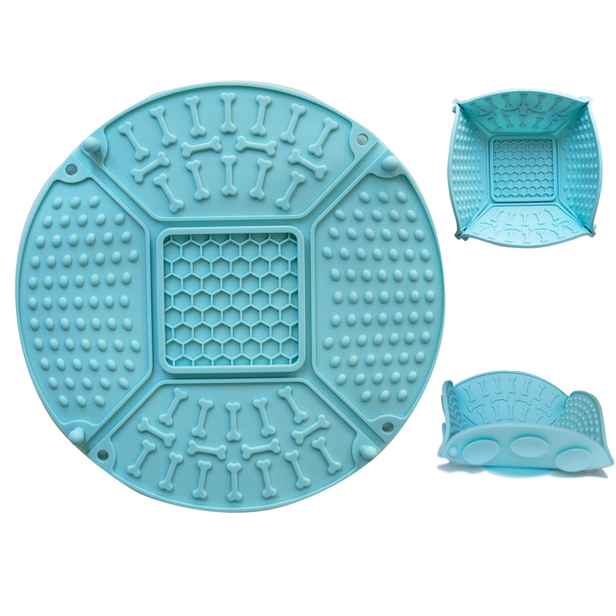 Qpets® Silicone Dog Slow Feeder, 22cm Dia Silicone Slow Feeding Dog Food Plate Puzzle Feeding Pad with 6 Maze Patterns, Variable Folding Maze Licking Bowl for Wet Food, Treats, Dry Flakes