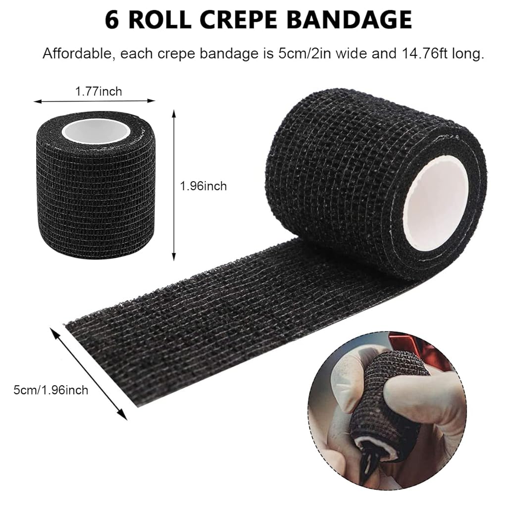 Qpets® 6 Rolls Crepe Bandage Self Adhesive Crepe Bandage Elastic Strethy Crepe Bandage for Tattoo Grip Cover Bandage Roll Wound Cohesive Tape Wrap Crepe Bandage Bandages for Wounds(5cm*450cm/roll)