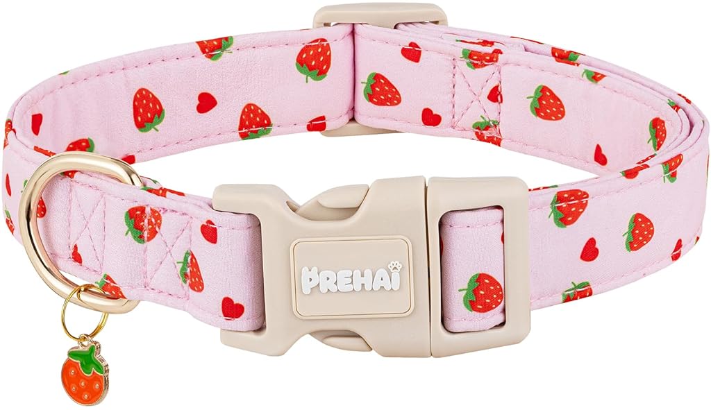 Qpets® Pink Strawberry Dog Collar Sweet Spring Summer Collars with Cute Strawberries Pattern for Female Girl Small Medium Large Dog-Pink-L