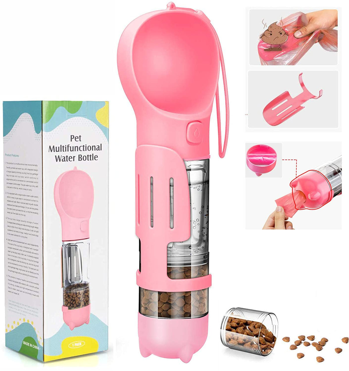 Dog Water Bottles Portable Leak Proof Dog Water Dispenser with Drinking and Feeding Function Lightweight Pet Water Dispenser for Walking and Travel for Dog, Cat 300ml(Pink)