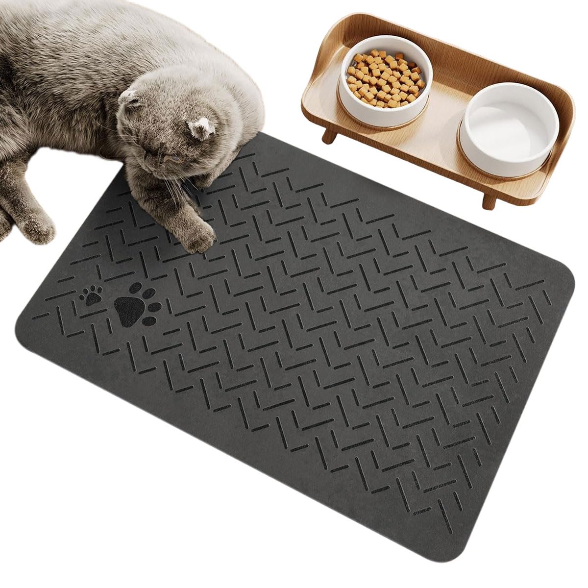 Qpets Pet Food Water Bowl Mat for Mess Free Feeding featuring Anti Slip Base and 40x60cm Diatom Mud Surface | Neutral Grey Design