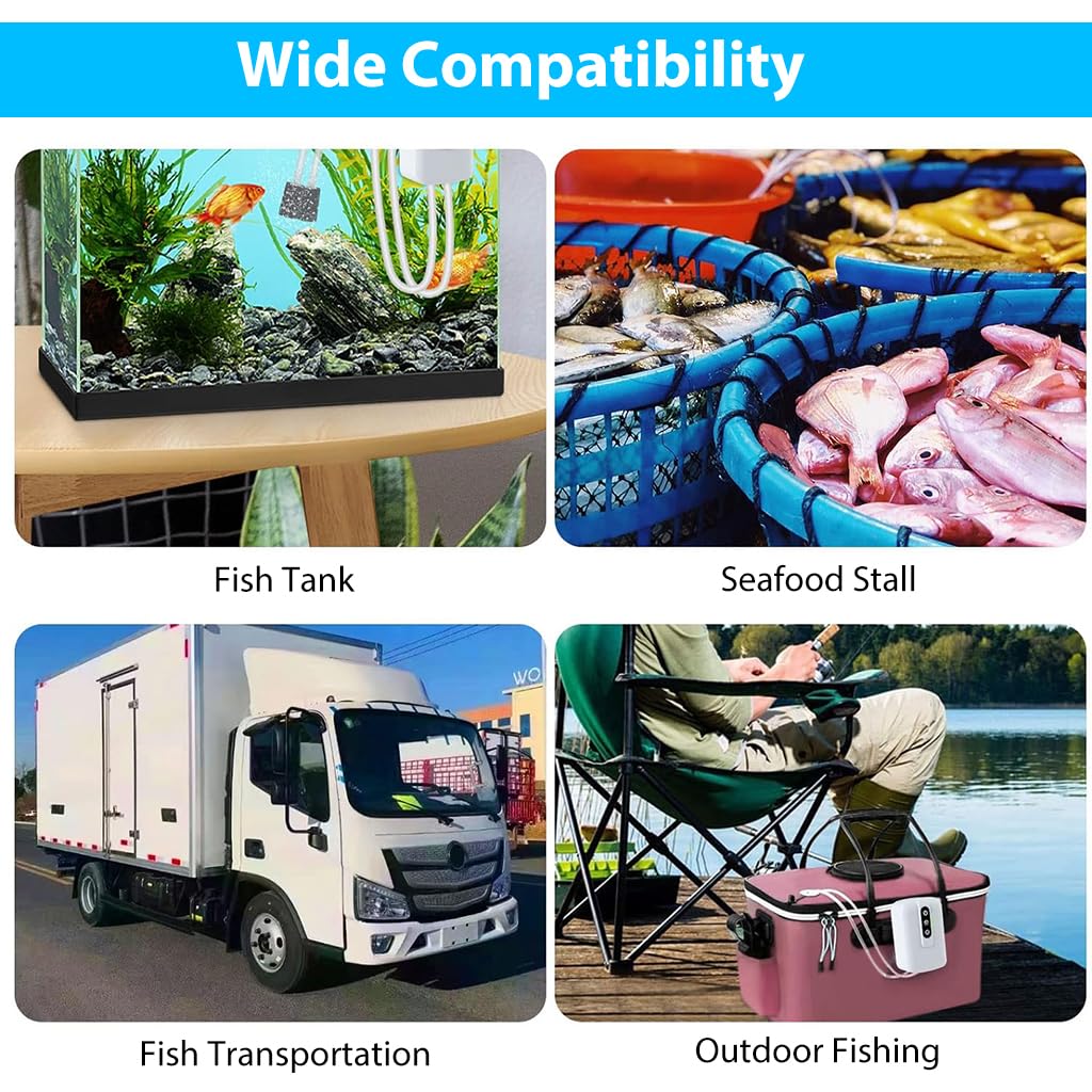 Qpets® Portable Oxygen Pump Cordless Aquarium Air Pump Continuous/Intermittent Fishing Air Pump Dual Pipe Aquarium Air Pump Air Stone and Pipe Included USB Rechargeable Aquarium Air Pump