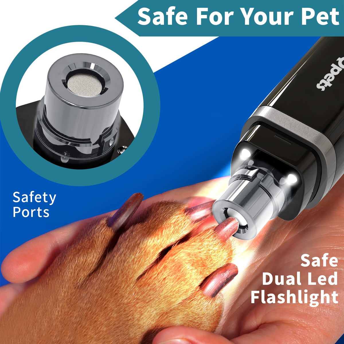 Qpets Electric Dog Nail Grinder with Dual LED Lights and 2 Speed Modes | 6–8h Cordless Use