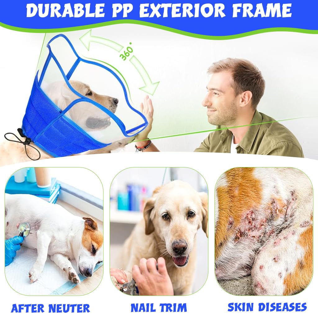 Qpets Dog Cone Collar for Post Surgery Recovery with 48–53cm Drawstring Fit and Breathable Mesh | Soft PP Frame Protection