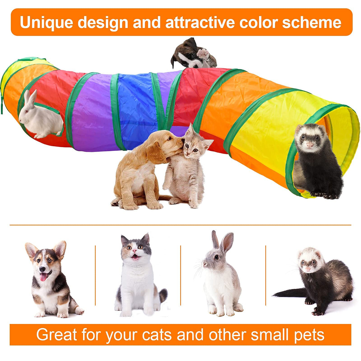 Qpets Cat Toys Tunnel for Indoor and Outdoor Play featuring 2 Way Collapsible Tubes | Rainbow Color