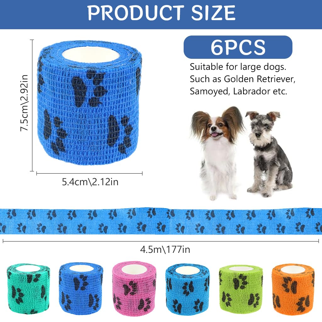 Qpets Dog Bandages for Injury Recovery with Self Adhesive Waterproof Wrap 6pcs 4.5m | Breathable Non Woven Paw Print Design