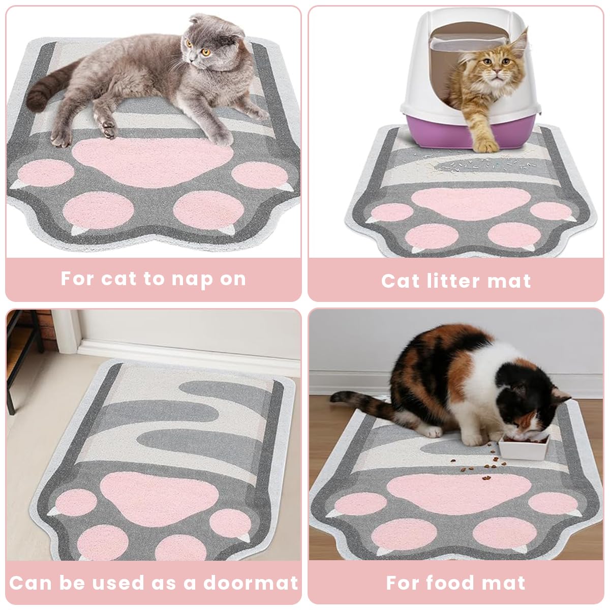 Qpets Cat Litter Box Mat 50x80cm for Trapping Litter with Waterproof Non Slip PVC Surface | Pink Cartoon Cat Claw Design