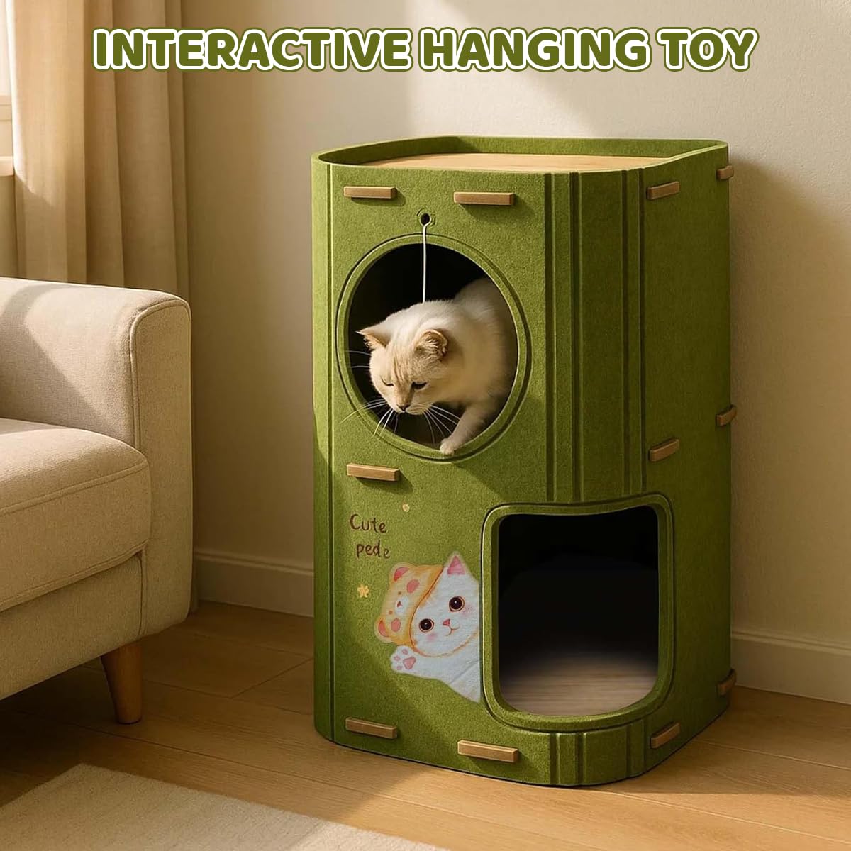 Qpets Cat Hideout for Indoor Cats with Dual Entrances and Hanging Toy | 2-Story Felt House