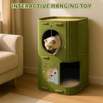 Qpets Cat Hideout for Indoor Cats with Dual Entrances and Hanging Toy | 2-Story Felt House
