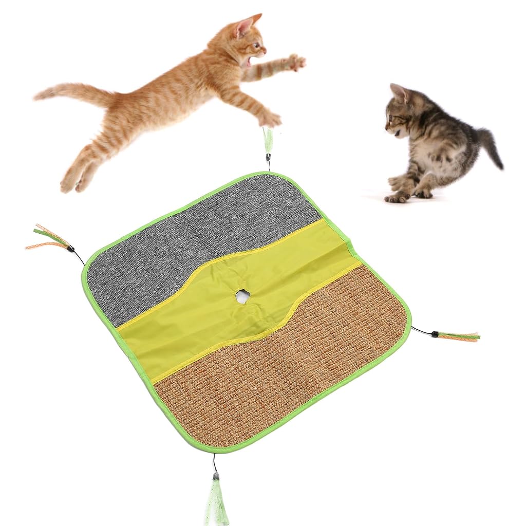 Qpets Sisal Cat Scratching Mat with Four Hanging Strings, Soft Fleece Centre and Anti-Slip Backing