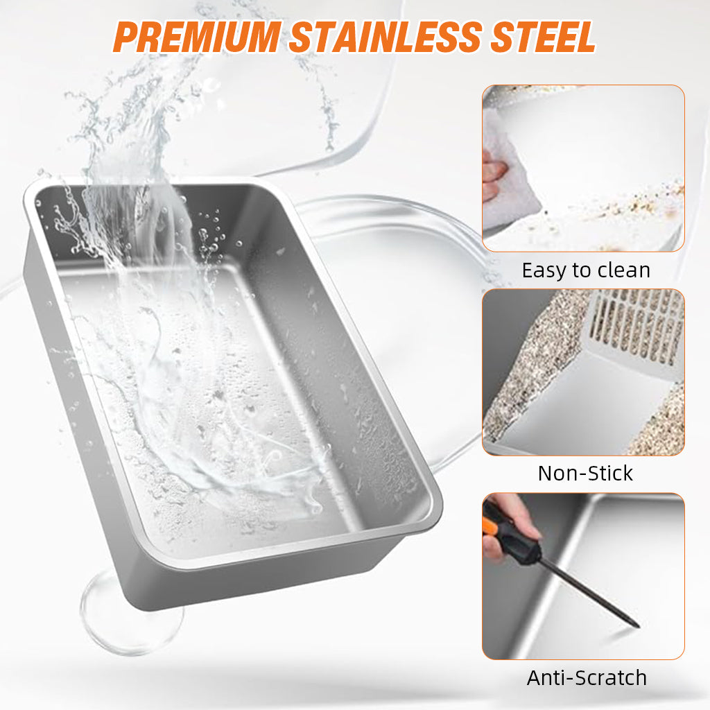 Qpets® Stainless Steel Cat Litter Box Dual Doors Anti-Odor Cat Litter Box with Air Vent Includes Cat Litter Catcher & Cat Litter Scoop Enclosed Cat Litter Box with Flip Up Lid, 40x60x39cm