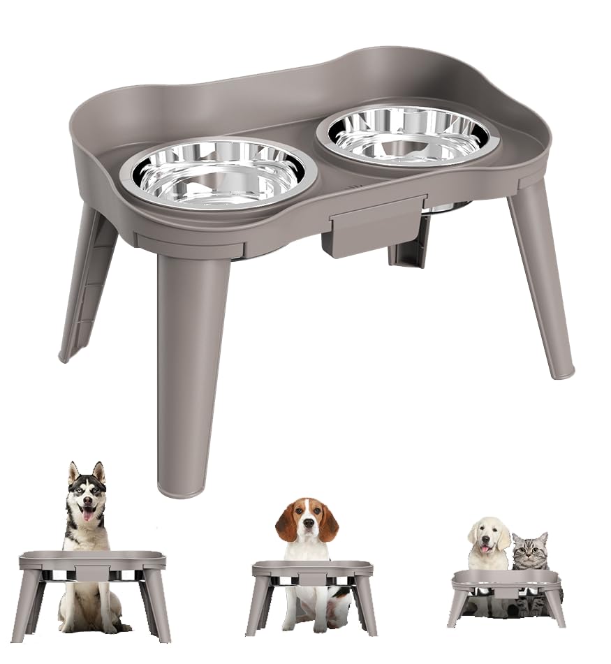 Qpets Elevated Dog Bowl Stand, Size L, Two Stainless Steel Bowls, Drip Tray and Non-Slip Base