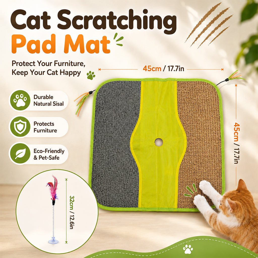 Qpets Sisal Cat Scratching Mat with Four Hanging Strings, Soft Fleece Centre and Anti-Slip Backing