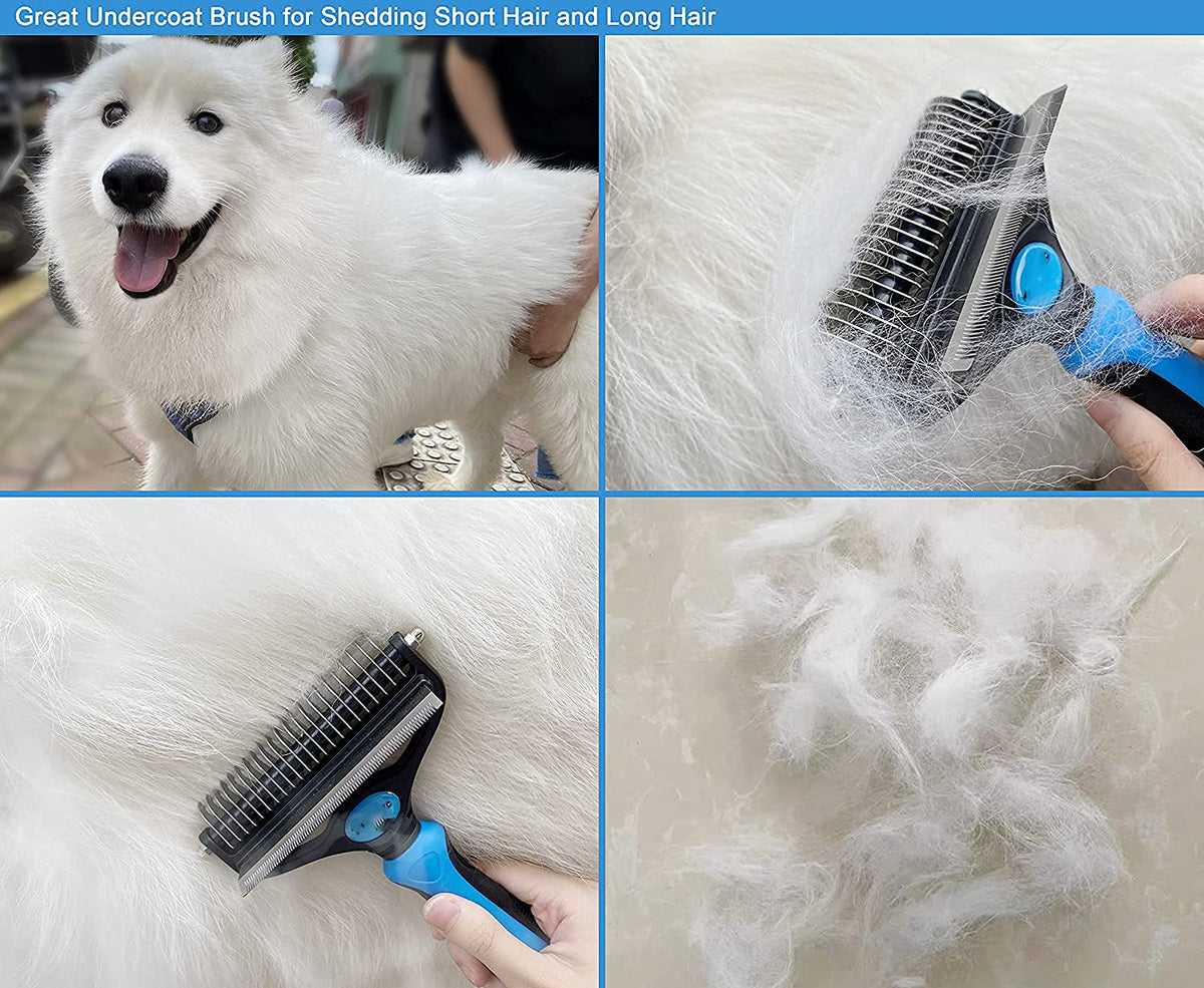 Qpets Dog Brush for Deshedding and Dematting with Dual Sided 22 and 90 Teeth | Ergonomic Grip