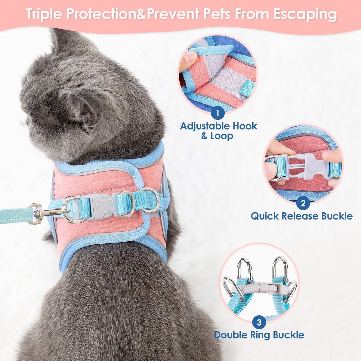 Cat Harness with 1.5m Leash, Cat Belt Adjustable Size Breathable Cat Vest Strap with Safety Reflective Strip, Cat Leash with Harness for Small Cat and Dog (M, Blue)