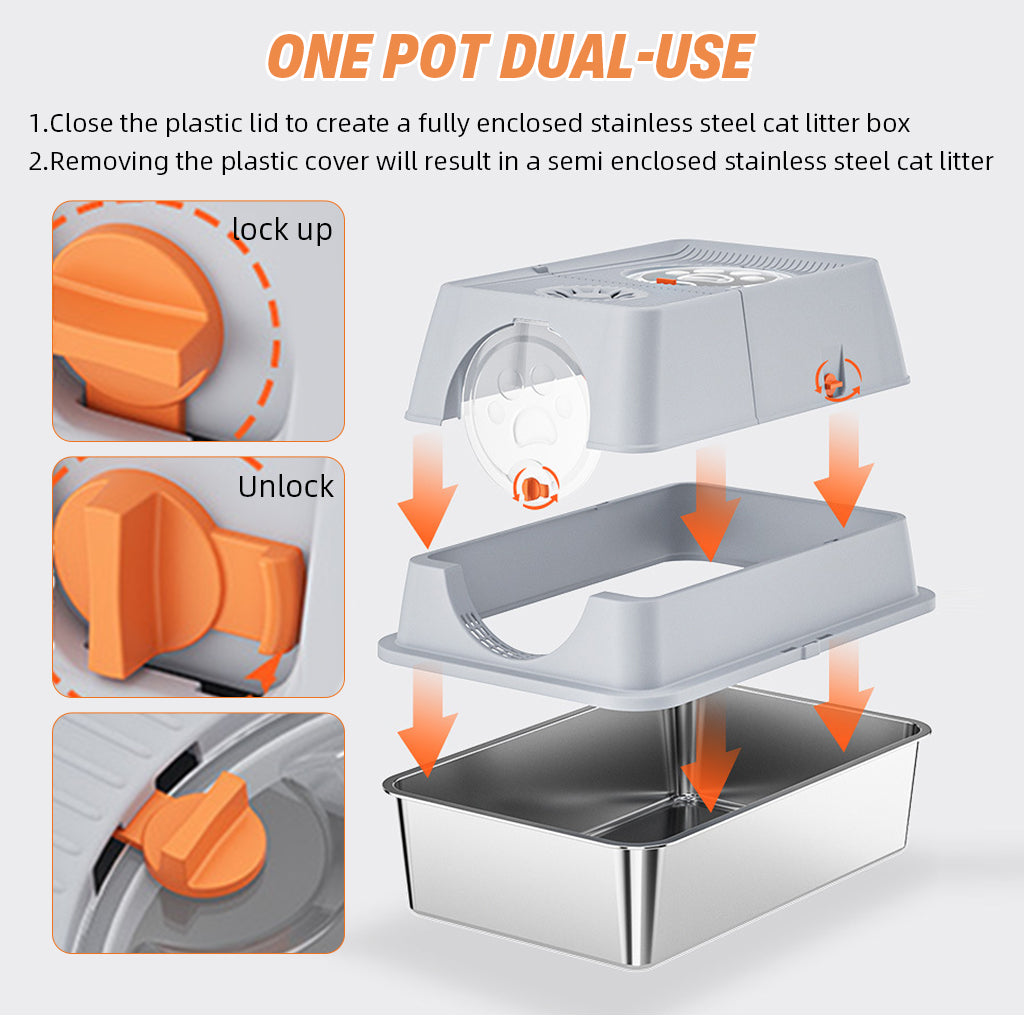 Qpets® Stainless Steel Cat Litter Box Dual Doors Anti-Odor Cat Litter Box with Air Vent Includes Cat Litter Catcher & Cat Litter Scoop Enclosed Cat Litter Box with Flip Up Lid, 40x60x39cm