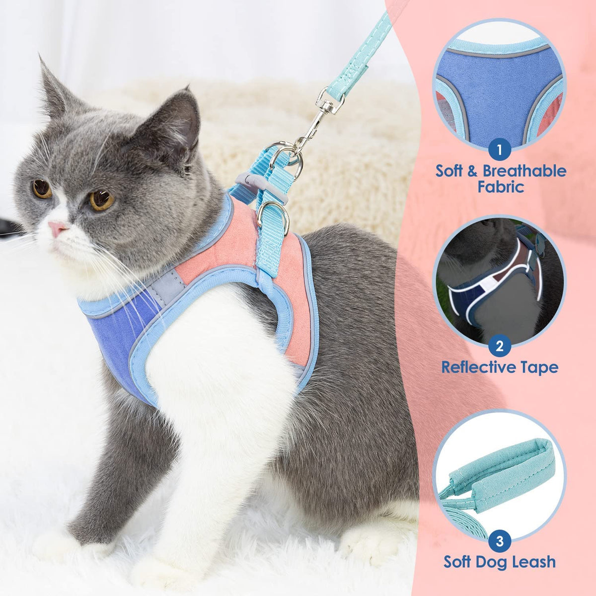 Qpets Cat Vest Harness with 1.5m Leash featuring 360° Swivel Clasp and Reflective Strip | Breathable Suede Fabric for Small Pets