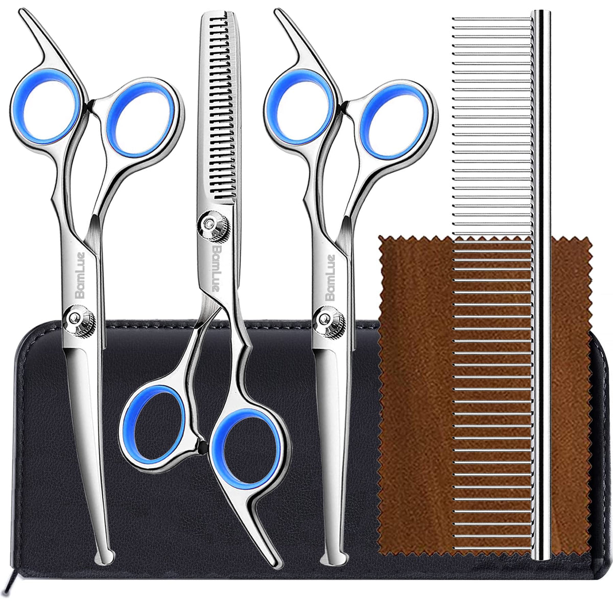 Qpets® Professional Pet Grooming Scissors Kit, Stainless Steel Dog & Cat Grooming Shears Set with Straight, Thinning & Curved Scissors, Comb, & Storage Bag for Home & Salon Use