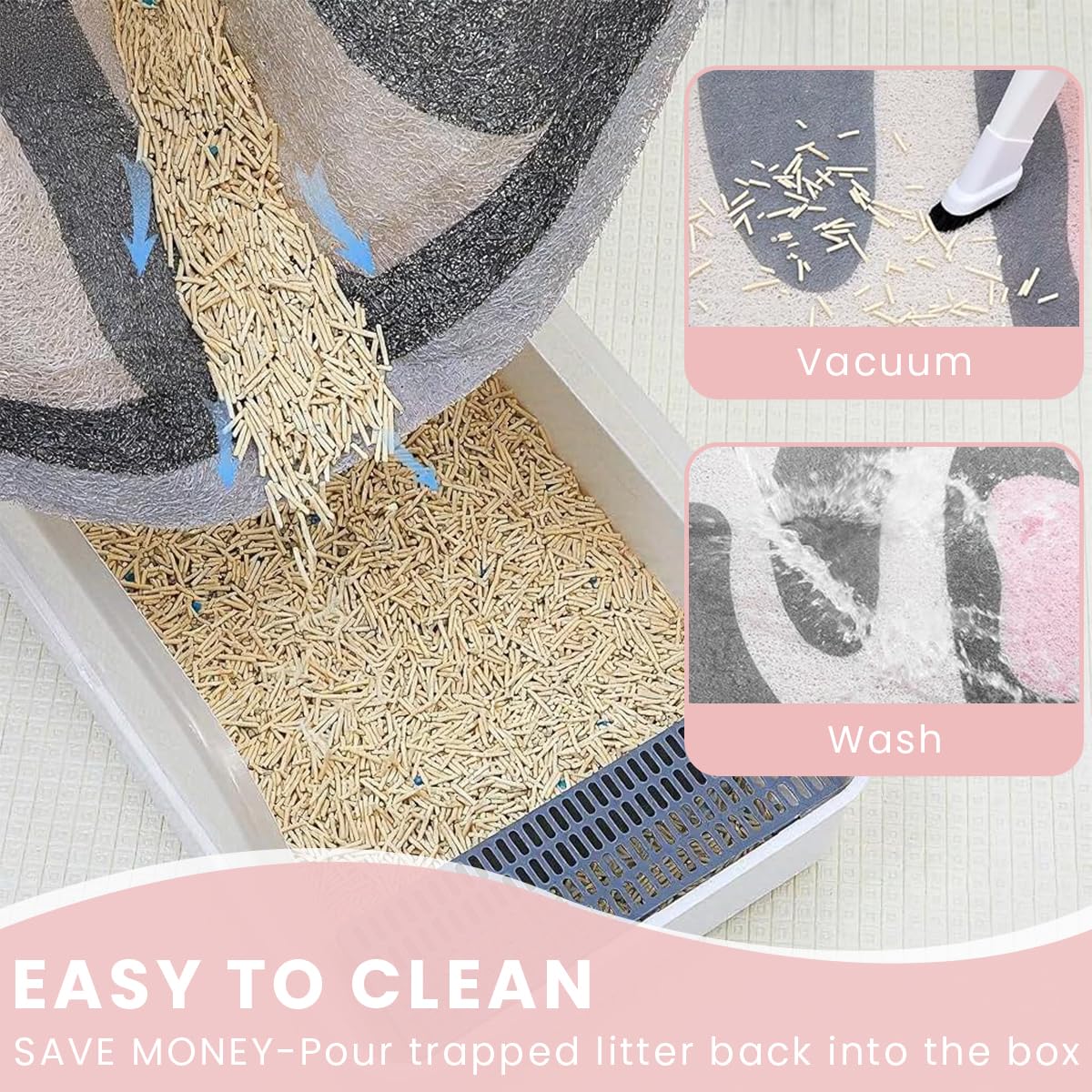 Qpets Cat Litter Box Mat 50x80cm for Trapping Litter with Waterproof Non Slip PVC Surface | Pink Cartoon Cat Claw Design