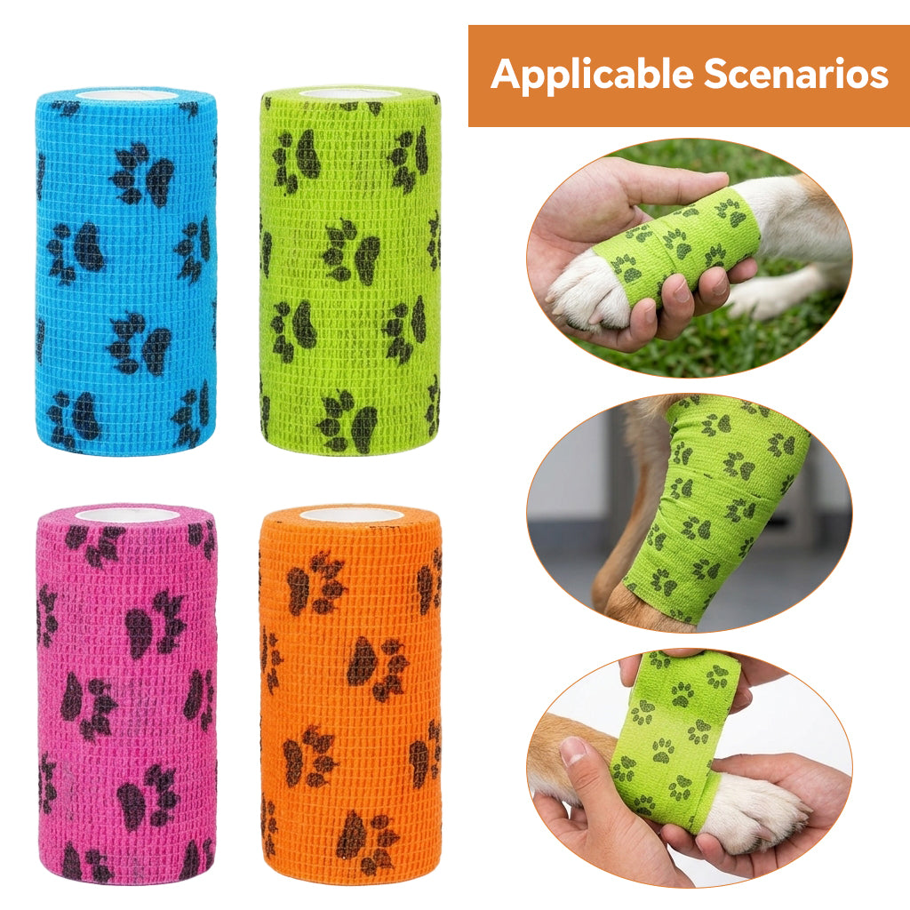 Qpets Self-Adhesive Non-Woven Elastic Pet Recovery Wraps with Paw Print for Cats and Dogs