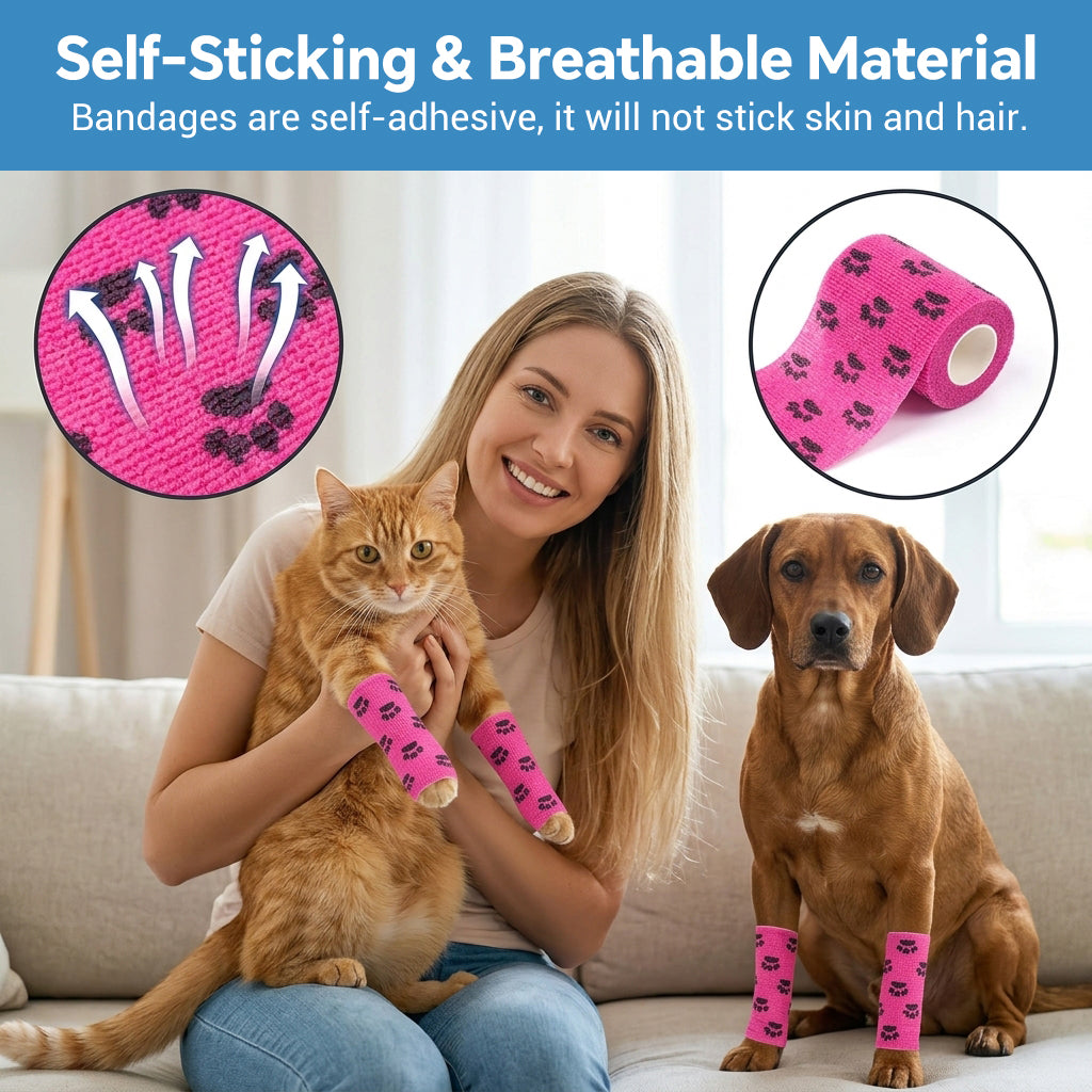 Qpets Paw Print Self-Adhesive Non-Woven Elastic Recovery Bandage Wrap for Cats and Dogs