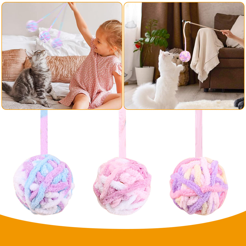 Qpets® Plush Cat Ball Toys, Rattling Cat Teasing Toys with Built in Bell, Colorful Woolen Ball Toy Sound Toys (3Pcs)