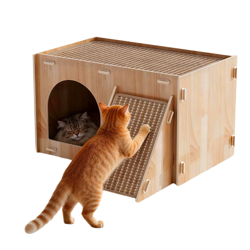Qpets Wooden Cat House with Enclosed Hideaway, Dual Scratch Stations and Climbing Ramp