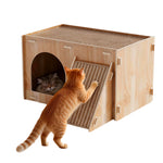 Qpets Wooden Cat House with Enclosed Hideaway, Dual Scratch Stations and Climbing Ramp