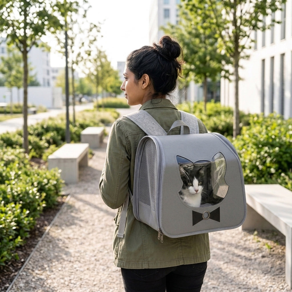 Qpets Foldable Pet Backpack Carrier with Breathable Mesh and Transparent Panels for Cats and Small Dogs