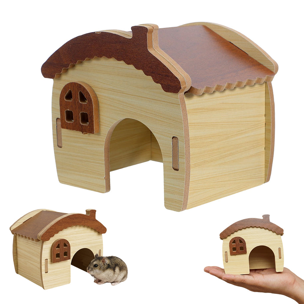 Qpets Wooden Hamster House with Natural Wood, Enclosed Hideout and Tool-Free Assembly
