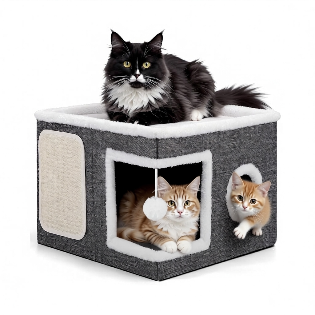 Qpets® Cat Scratcher House - Hideout with Scratching Roof & Hanging Toys, Multi-Entry Playhouse for Indoor Cats, Space-Saving Cardboard Activity Center