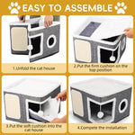 Qpets® Cat Scratcher House - Hideout with Scratching Roof & Hanging Toys, Multi-Entry Playhouse for Indoor Cats, Space-Saving Cardboard Activity Center