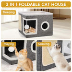 Qpets® Cat Scratcher House - Hideout with Scratching Roof & Hanging Toys, Multi-Entry Playhouse for Indoor Cats, Space-Saving Cardboard Activity Center