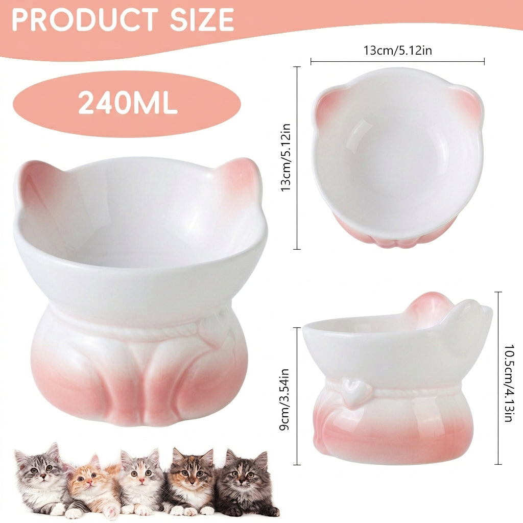 Qpets® Elevated Cat Bowl, Ceramic Pet Cat Dog Food Bowl, Non-Slip & Easy Clean & Anti-Vomit Pet Feeding Dish Aids Digestion & Reduces Neck Strain - 240ml