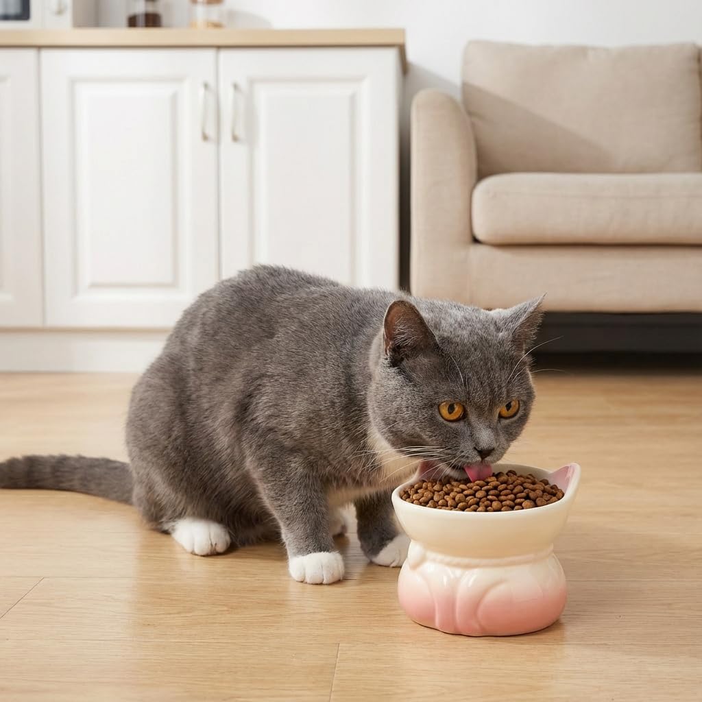 Qpets® Elevated Cat Bowl, Ceramic Pet Cat Dog Food Bowl, Non-Slip & Easy Clean & Anti-Vomit Pet Feeding Dish Aids Digestion & Reduces Neck Strain - 240ml