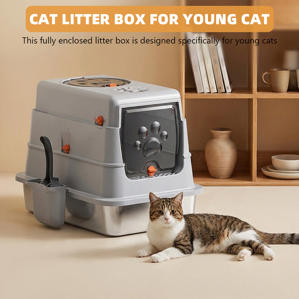 Qpets® Cat Litter Box for Young Cat,DIY Assembly Kitten Potty Training Litter Case with Stainless Steel Tray,Enclosure Box with Top & Front Door Porous Air Vent Design 35x50x38cm