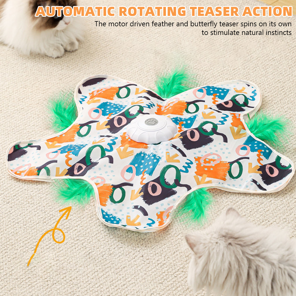 Qpets® Automatic Cat Toy with Hideaway Plush Cave, Motorized Rotating Feather & Butterfly Teaser - Interactive Cat Enrichment for Indoor Cats, Cozy Flower Mat, Pom-Pom Tails