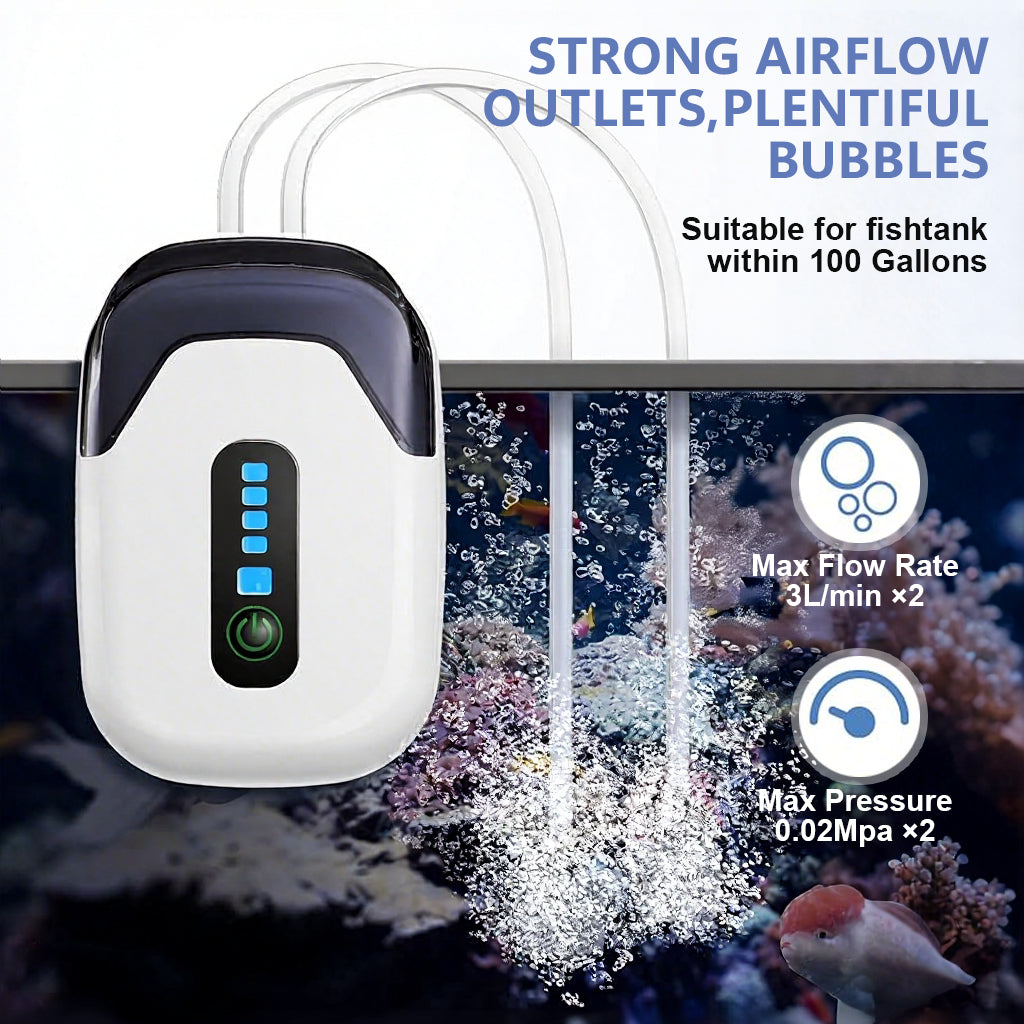 Qpets® USB Cordless Aquarium Air Pump, Portable Fish Tank Oxygen Pump with Constant & Intermittent Modes, 20-40 Hours Runtime, Quiet Aerator with Air Stones for Fishing, Travel & Home